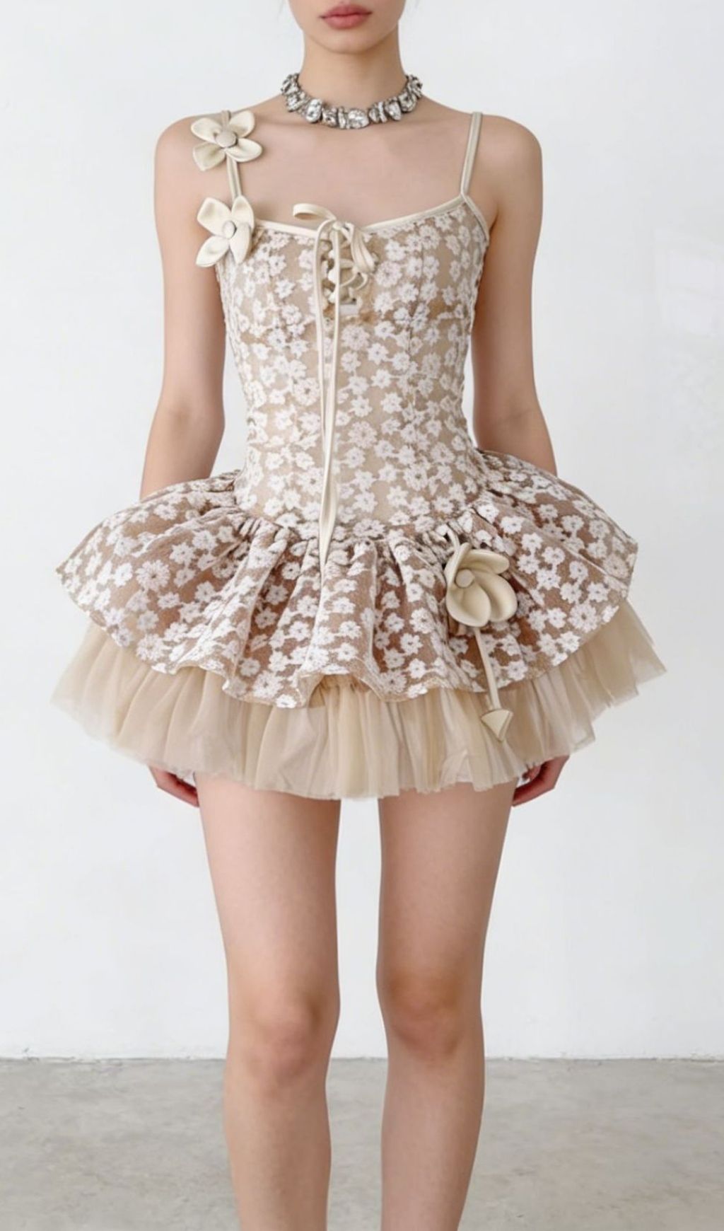 Kerstin Whimsical Floral Mesh Mini Dress | Ethereal Lace-Up Babydoll