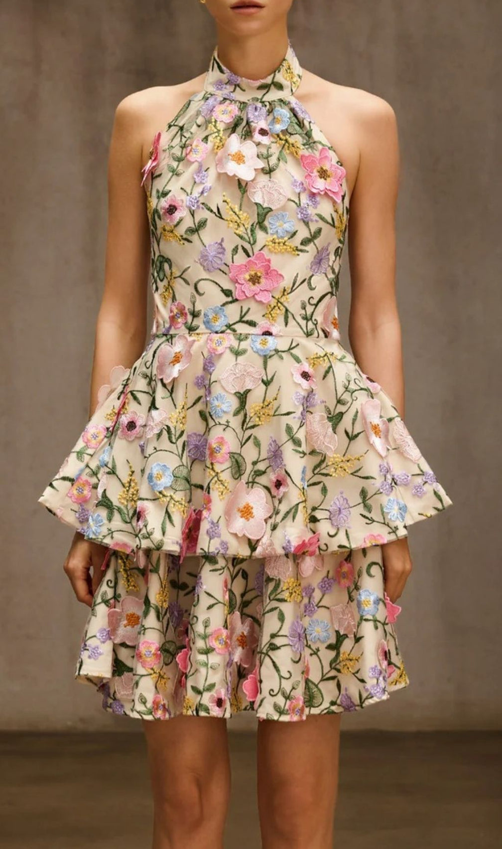 Dyllis Halterneck Floral Embroidered Mini Dress - Elegant Tiered Cocktail & Party Style