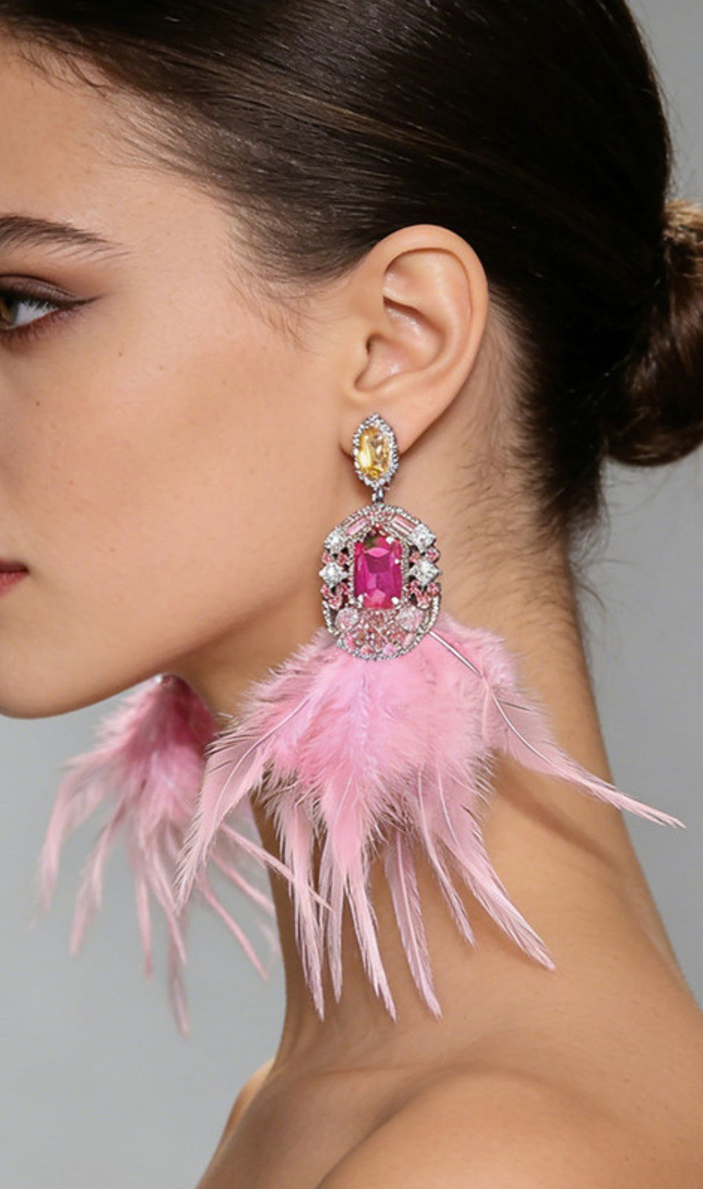 Kaelynn Dazzling Pink Feather & Crystal Statement Earrings for Women