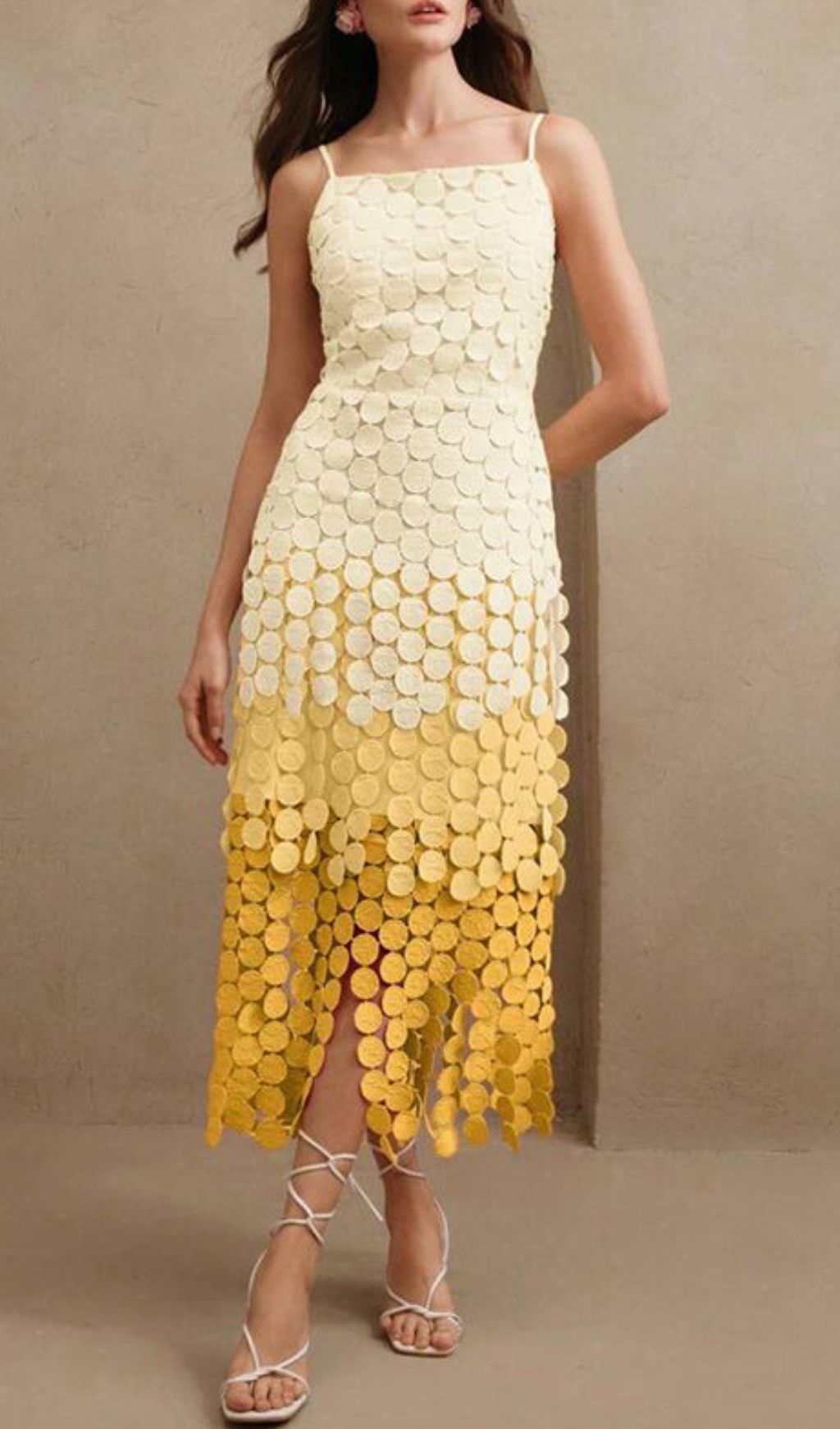 Vibrant Ham Ombre Yellow Layered Circle Midi Dress | Strappy & Chic for Special Occasions