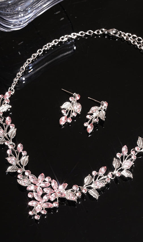 Juelz Sparkling Pink Crystal Flower & Leaf Necklace & Earrings Set