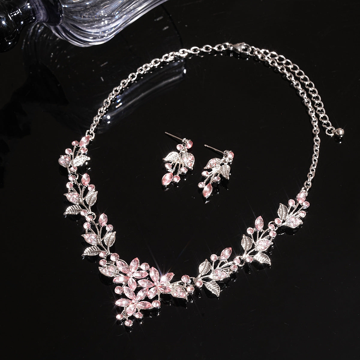 Juelz Sparkling Pink Crystal Flower & Leaf Necklace & Earrings Set