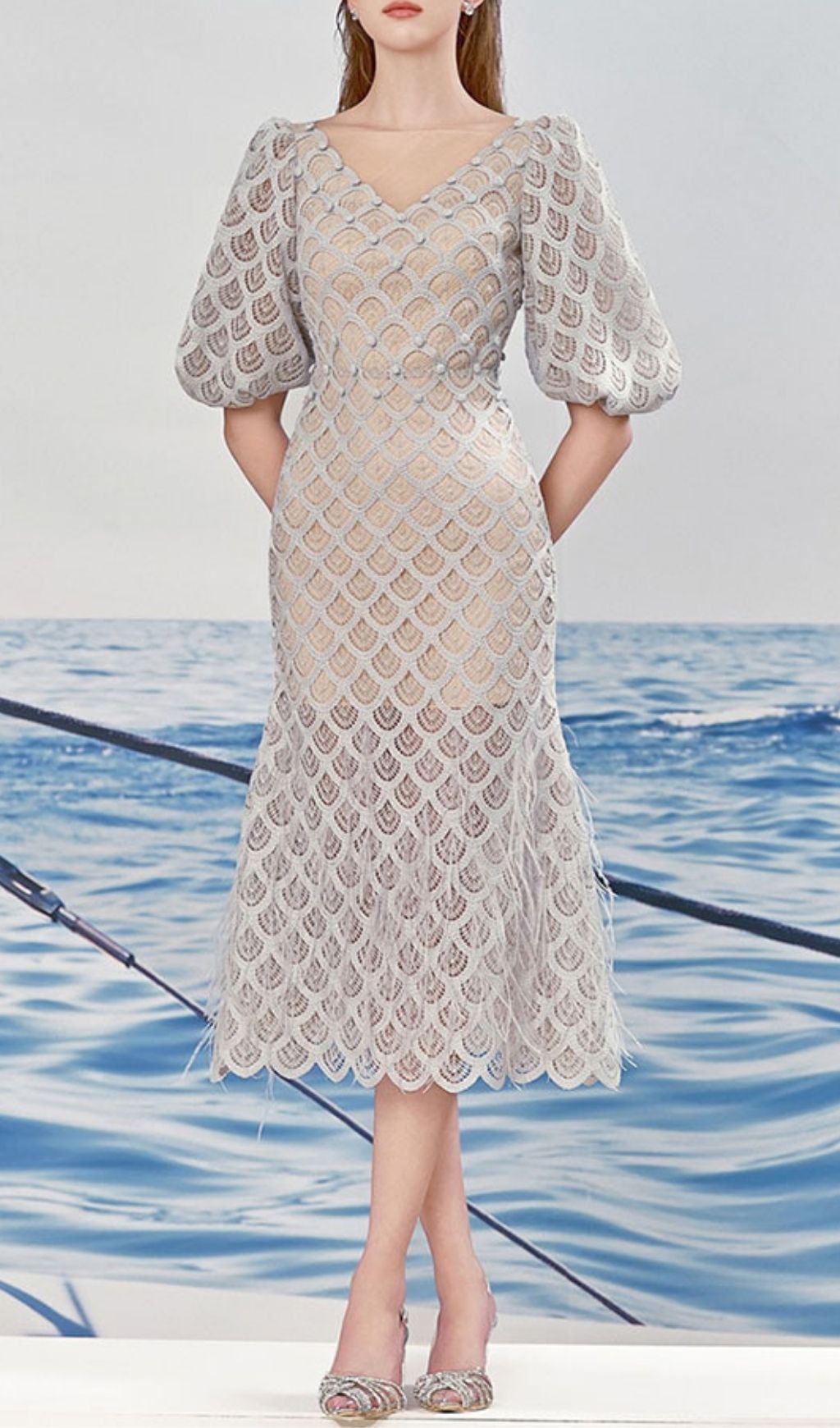 Ciara Elegant Scallop Lace Puff Sleeve Midi Dress - Wedding Guest & Cocktail Gown