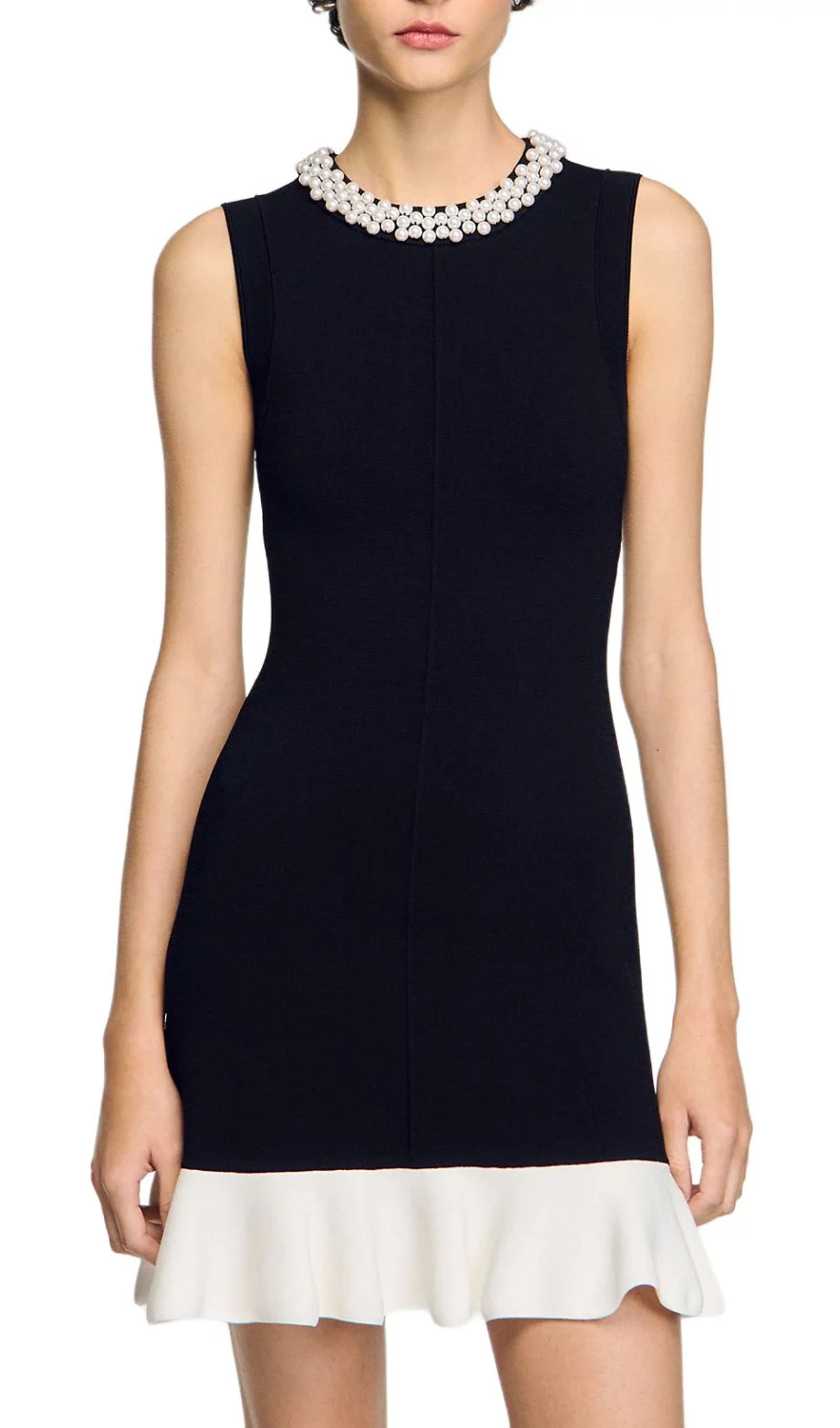 Short Knit Dress With Beaded Neck