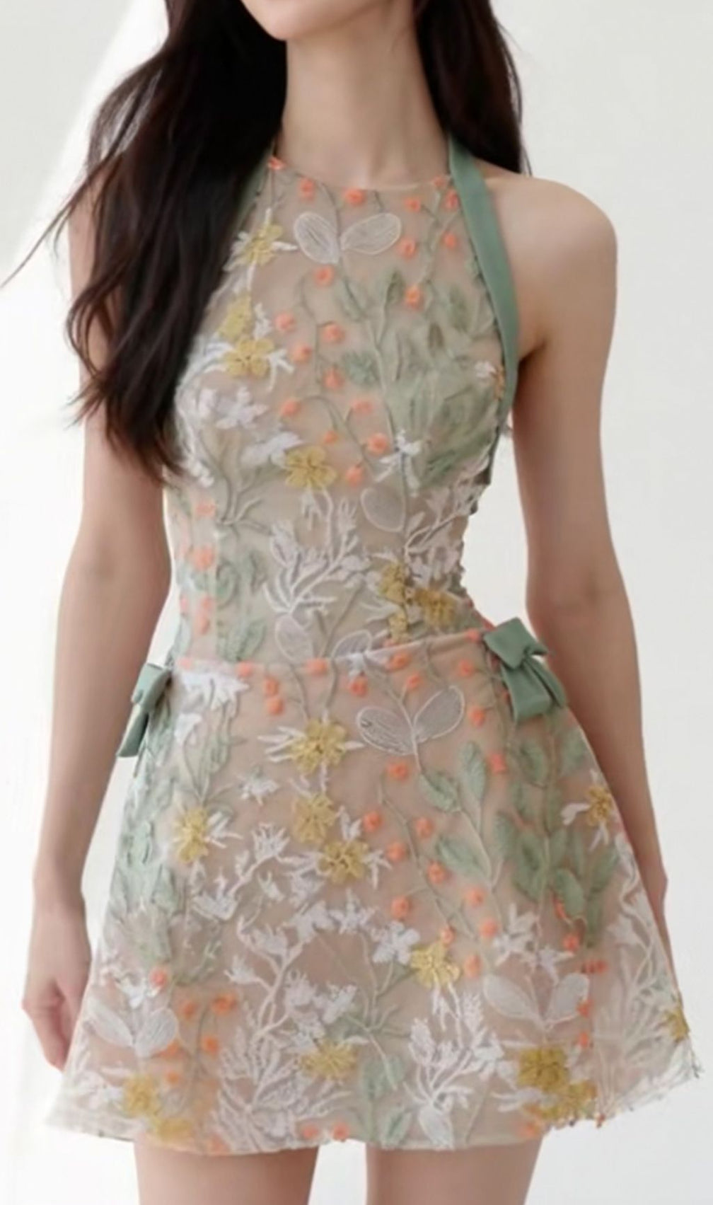 Itsuo Halter Flower Embroidery Mini Dress