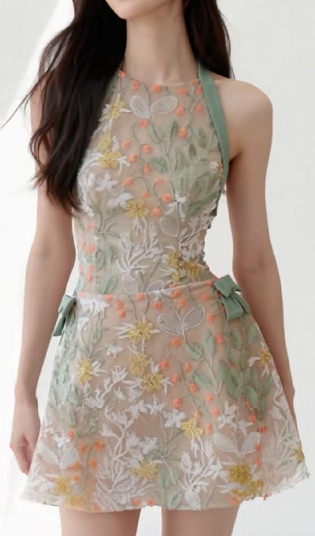 Itsuo Halter Flower Embroidery Mini Dress