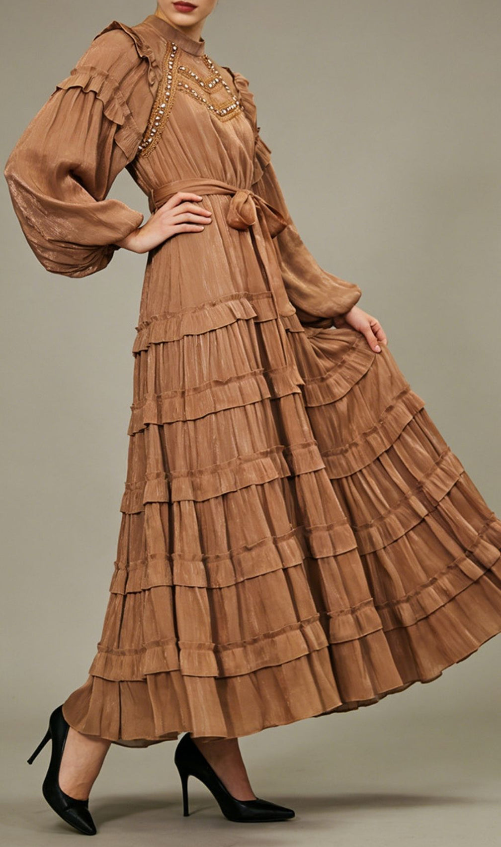 Kalyani Romantic Blush Pink Embellished Tiered Midi Dress