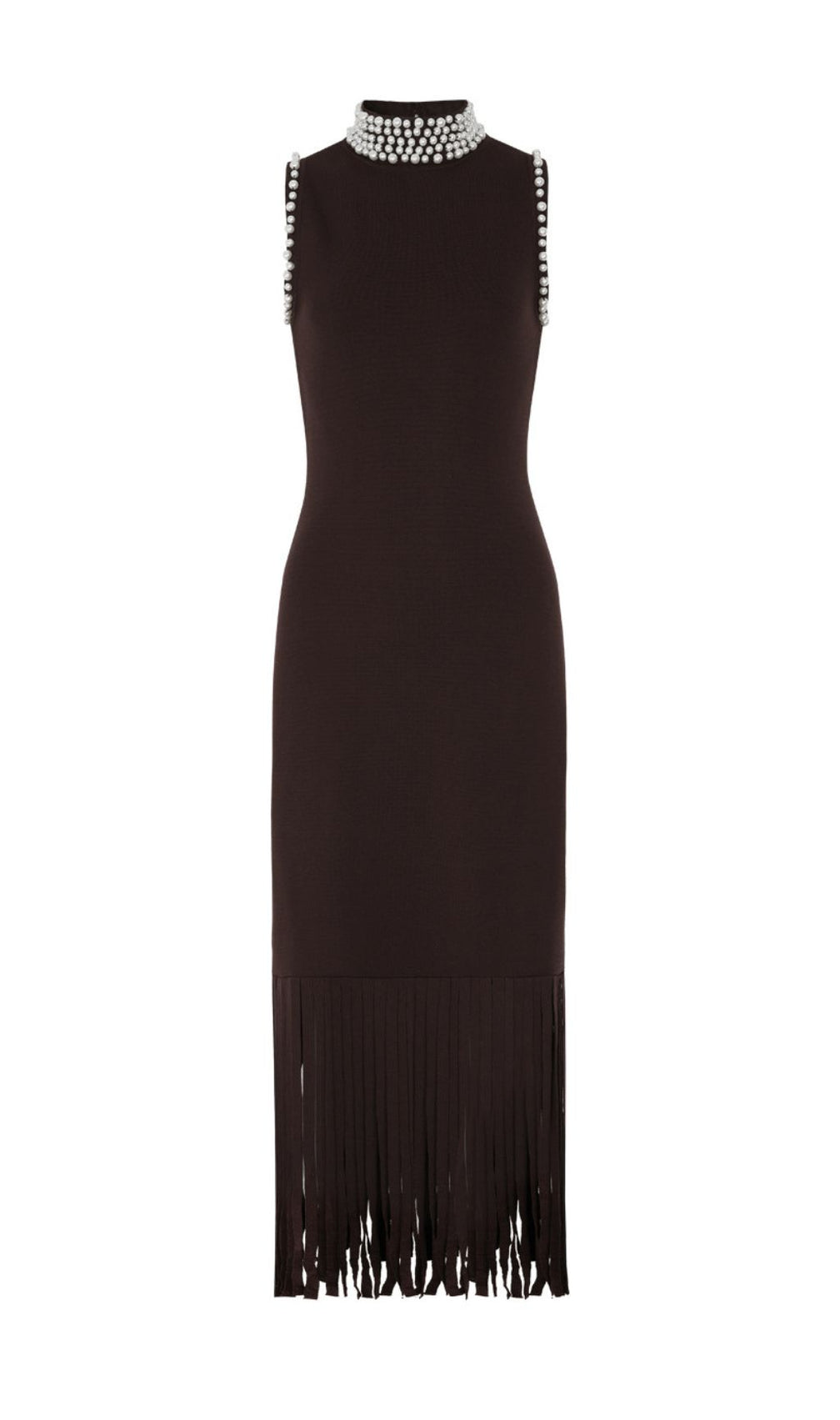Junko Pearl Choker Sleeveless Knit Maxi Dress with Fringe Hem