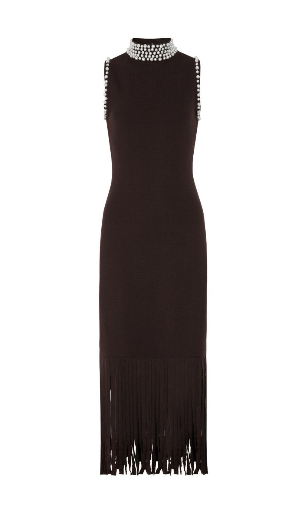 Junko Pearl Choker Sleeveless Knit Maxi Dress with Fringe Hem
