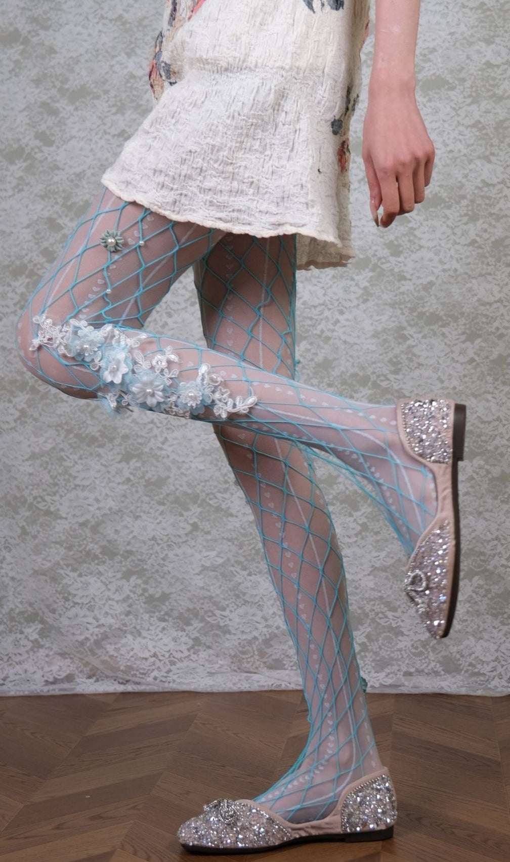 White Tights & Blue Floral Tights Set