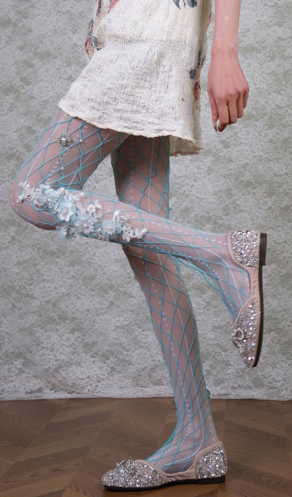 White Tights & Blue Floral Tights Set