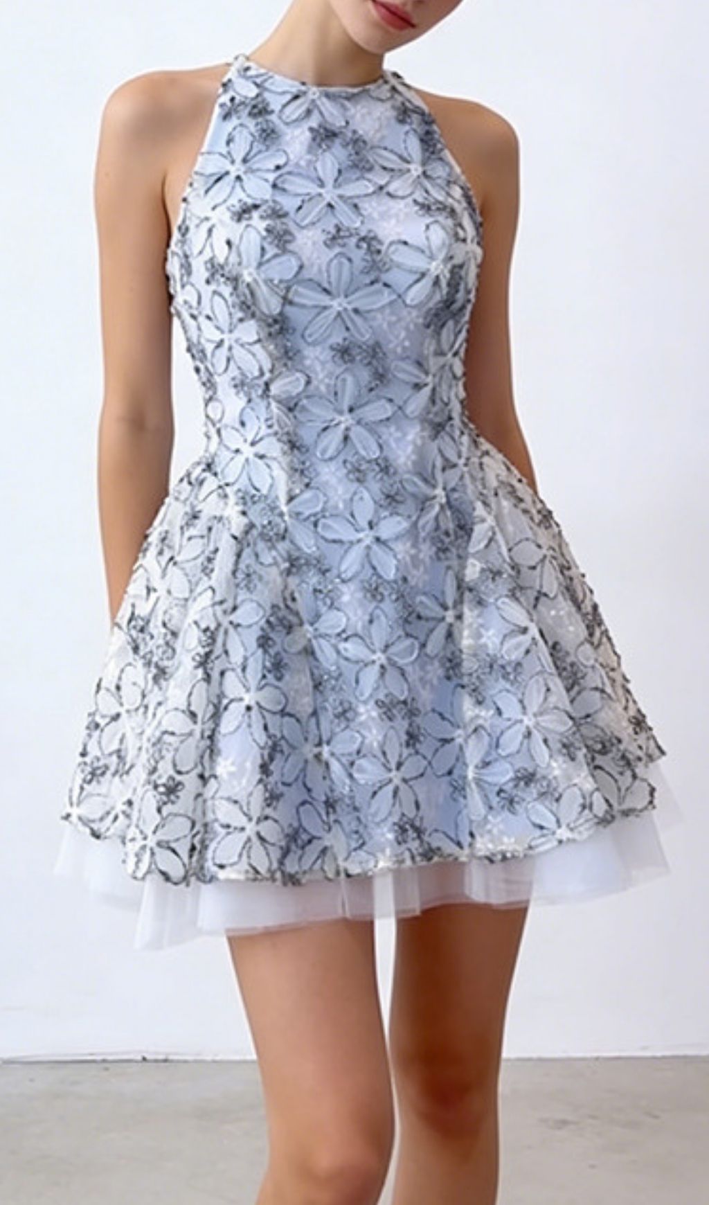 Katsumi Chic Floral Lace Halter Mini Dress - Romantic Party & Cocktail Dress