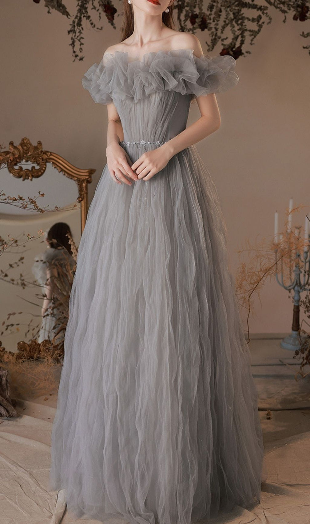Kasey Grey Off-Shoulder Mesh Maxi Gown - Modern Elegance