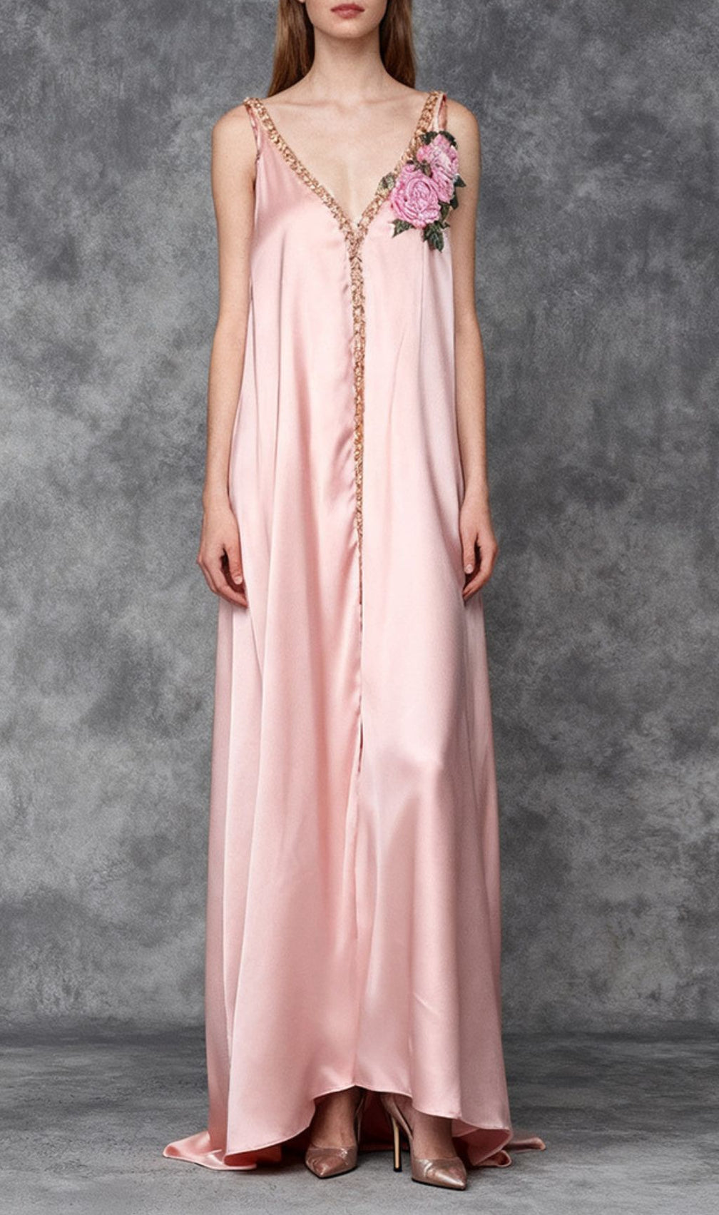 Inge Elegant Pink Floral Maxi Dress | Strappy V-Neck & Chain Trim Gown