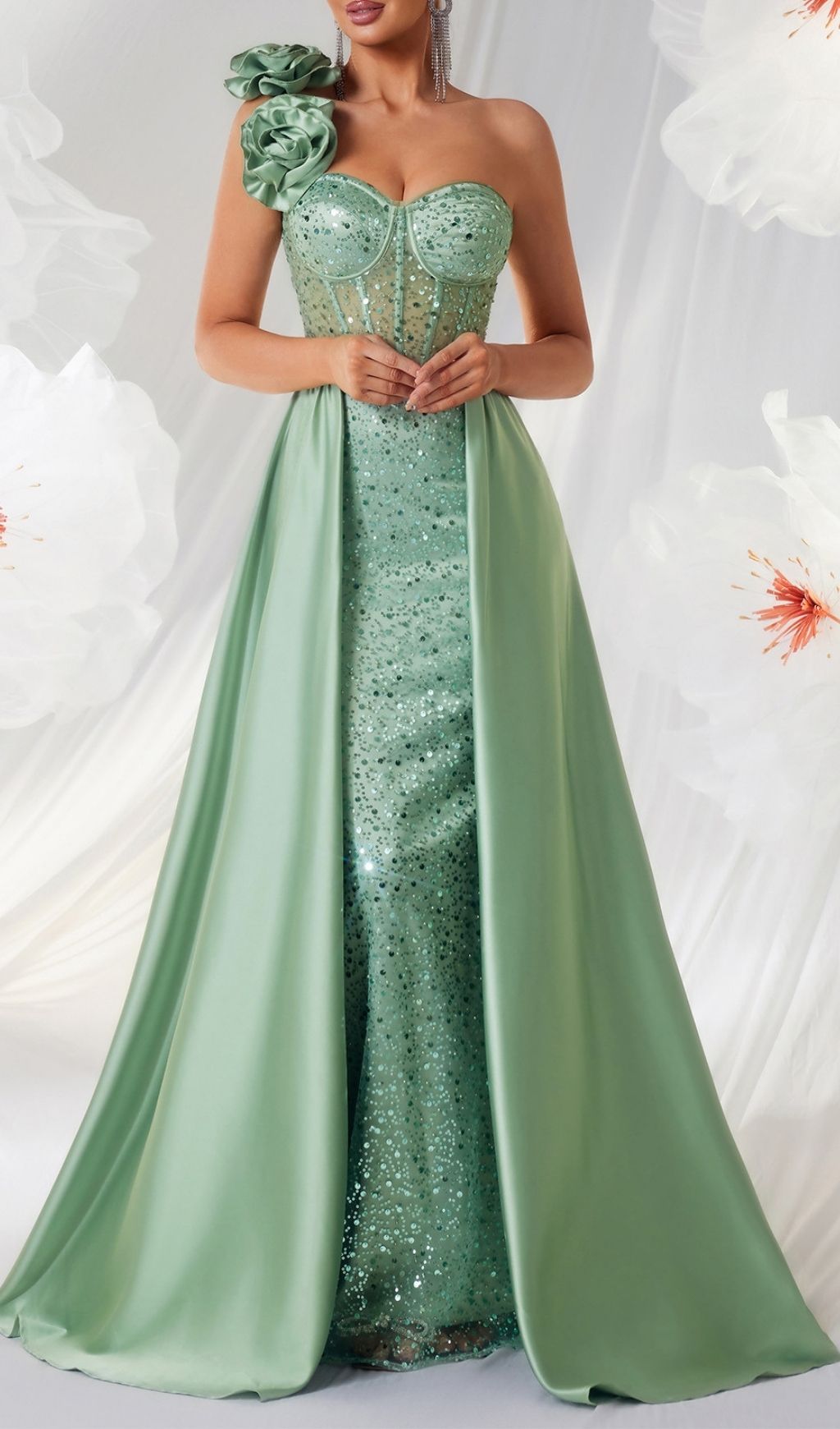 Stunning Kendi Green One-Shoulder Corset Sequin Maxi Gown