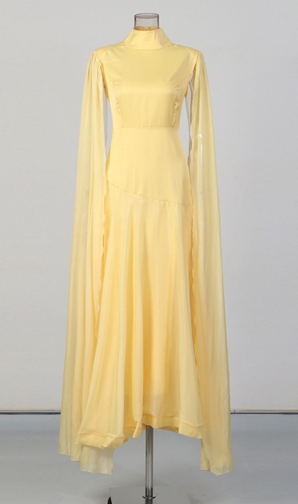 Kalonice Radiant Yellow Cape Sleeve Maxi Dress | Elegant High-Neck Formal Gown