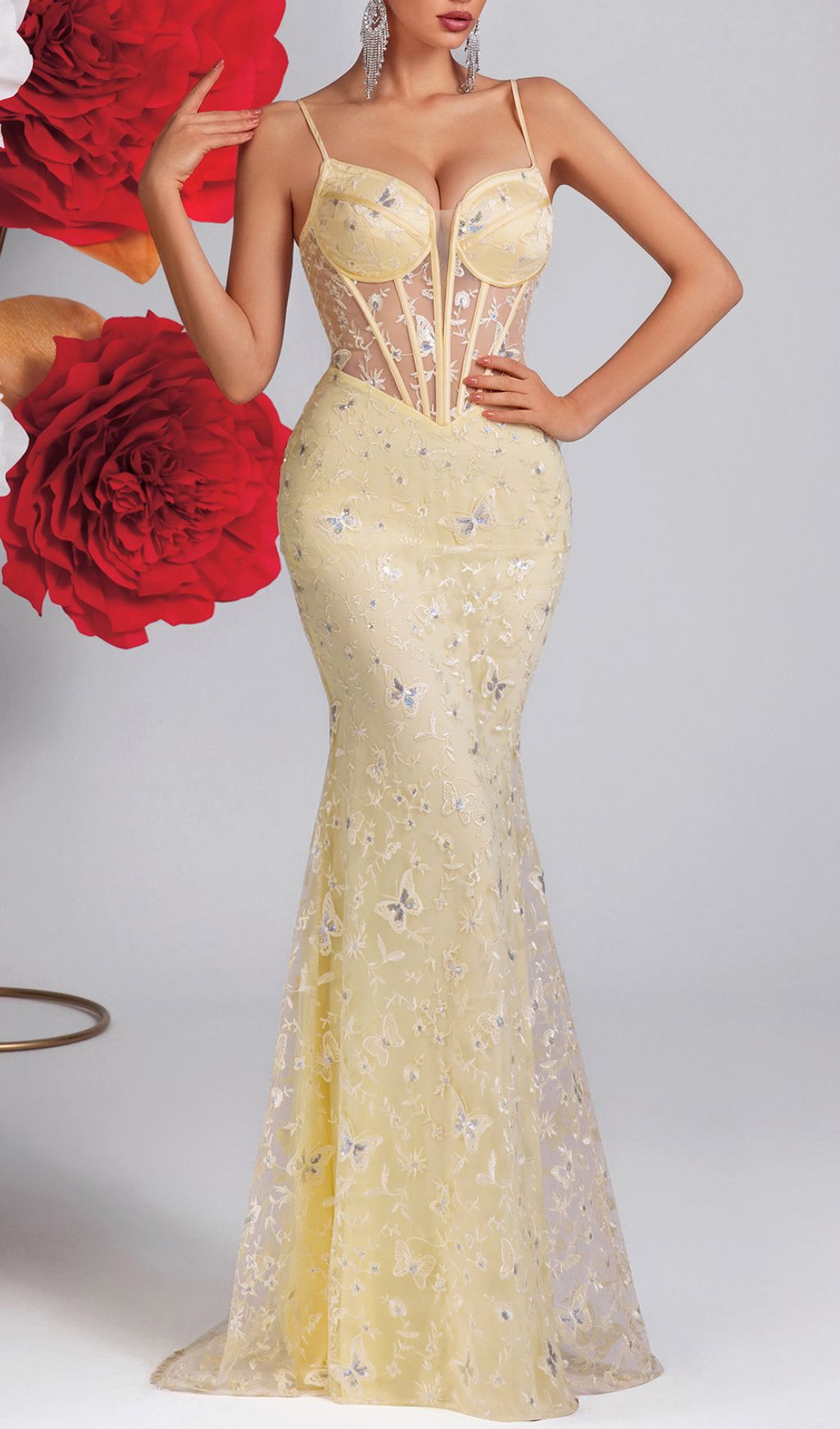Enchanting Yellow Butterfly Corset Maxi Dress | Elegant Gala & Wedding Guest Gown