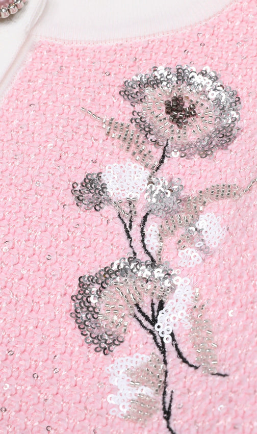 Chic Pink Sequin Knit Cardigan & Midi Skirt Set