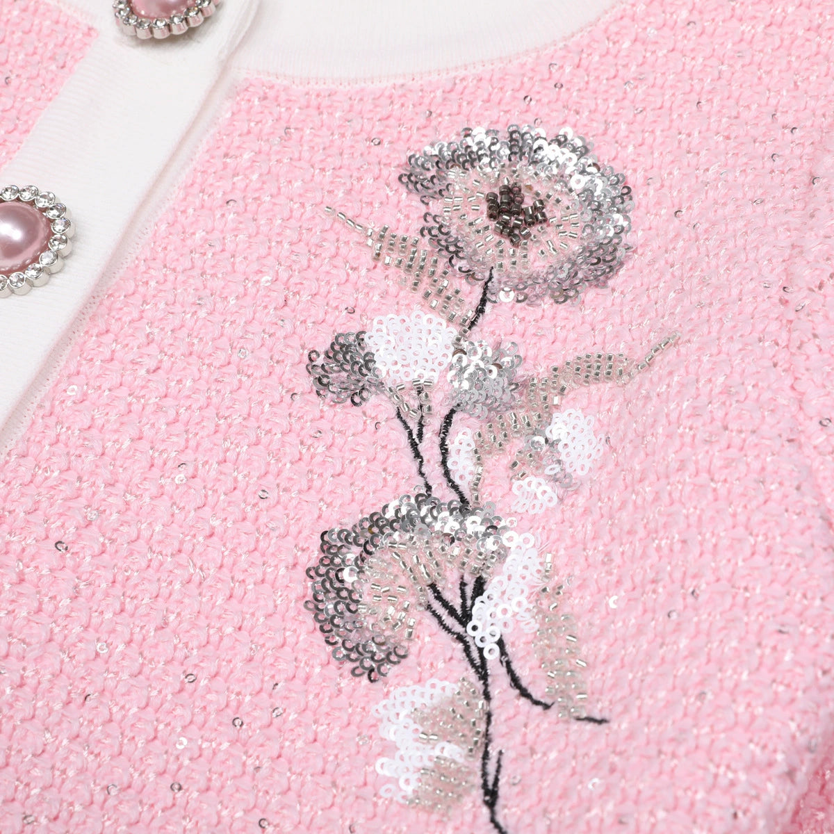 Chic Pink Sequin Knit Cardigan & Midi Skirt Set