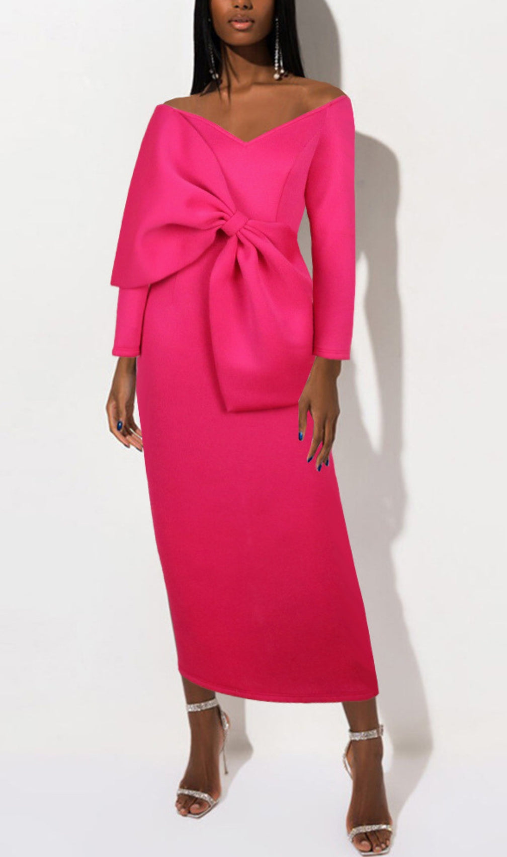 Batan Pink Bow Long Sleeve Midi Dress