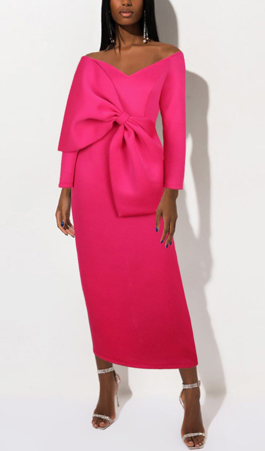 Batan Pink Bow Long Sleeve Midi Dress