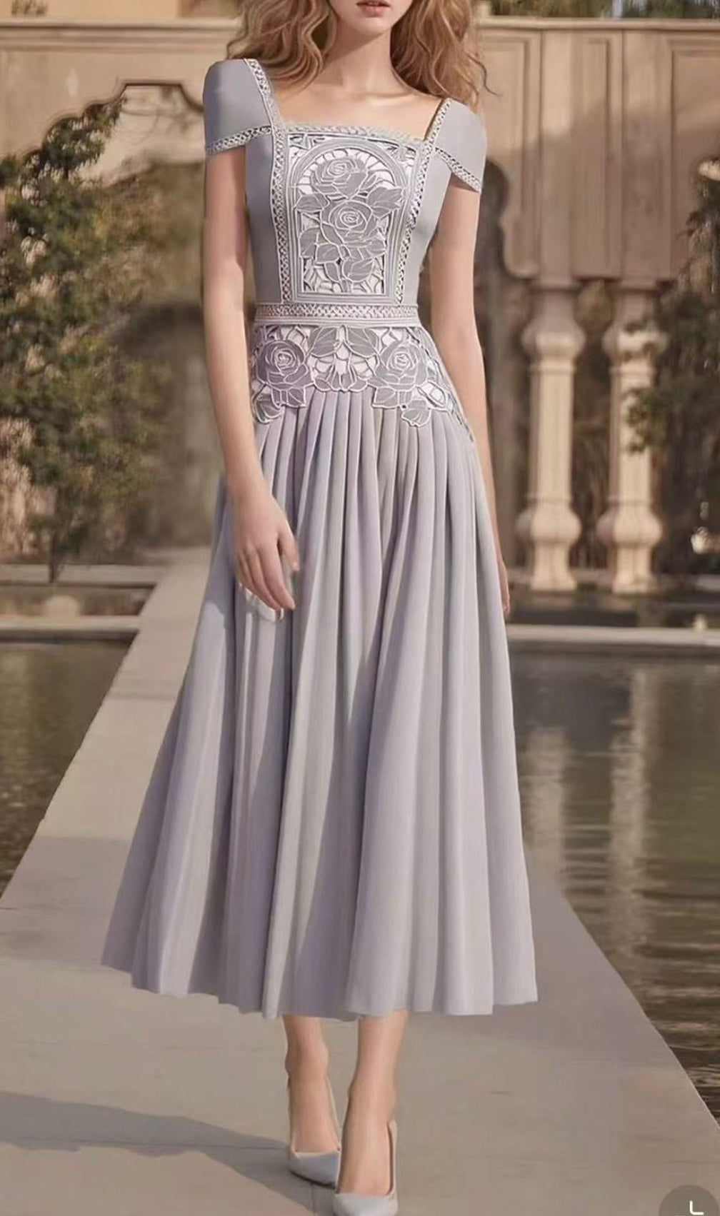 Hilda Flower Pleated Midi Dress