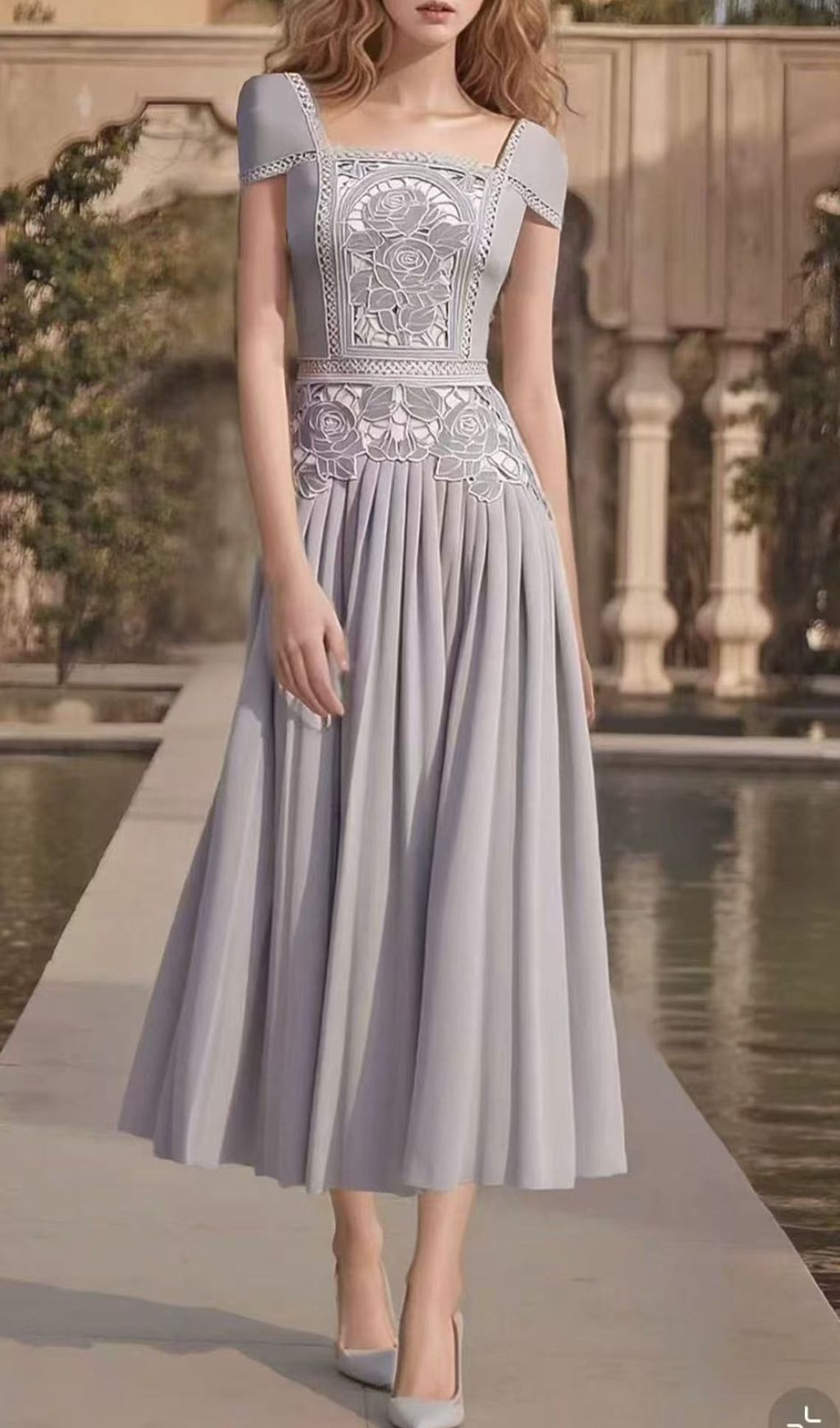 Hilda Flower Pleated Midi Dress