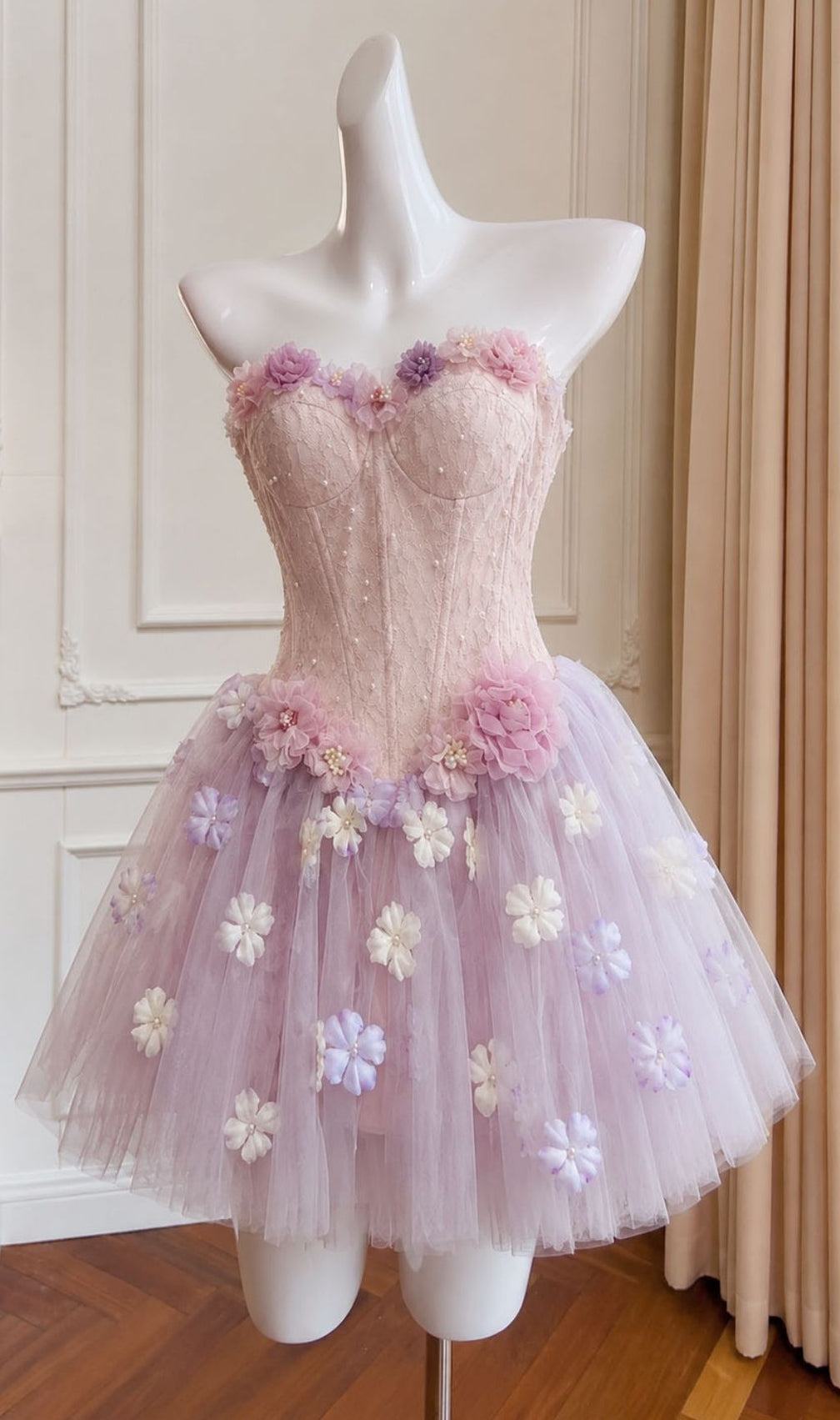 Kya Strapless Corset Flower Mesh Mini Dress