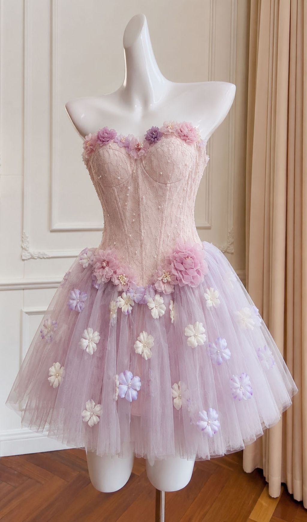 Kya Strapless Corset Flower Mesh Mini Dress