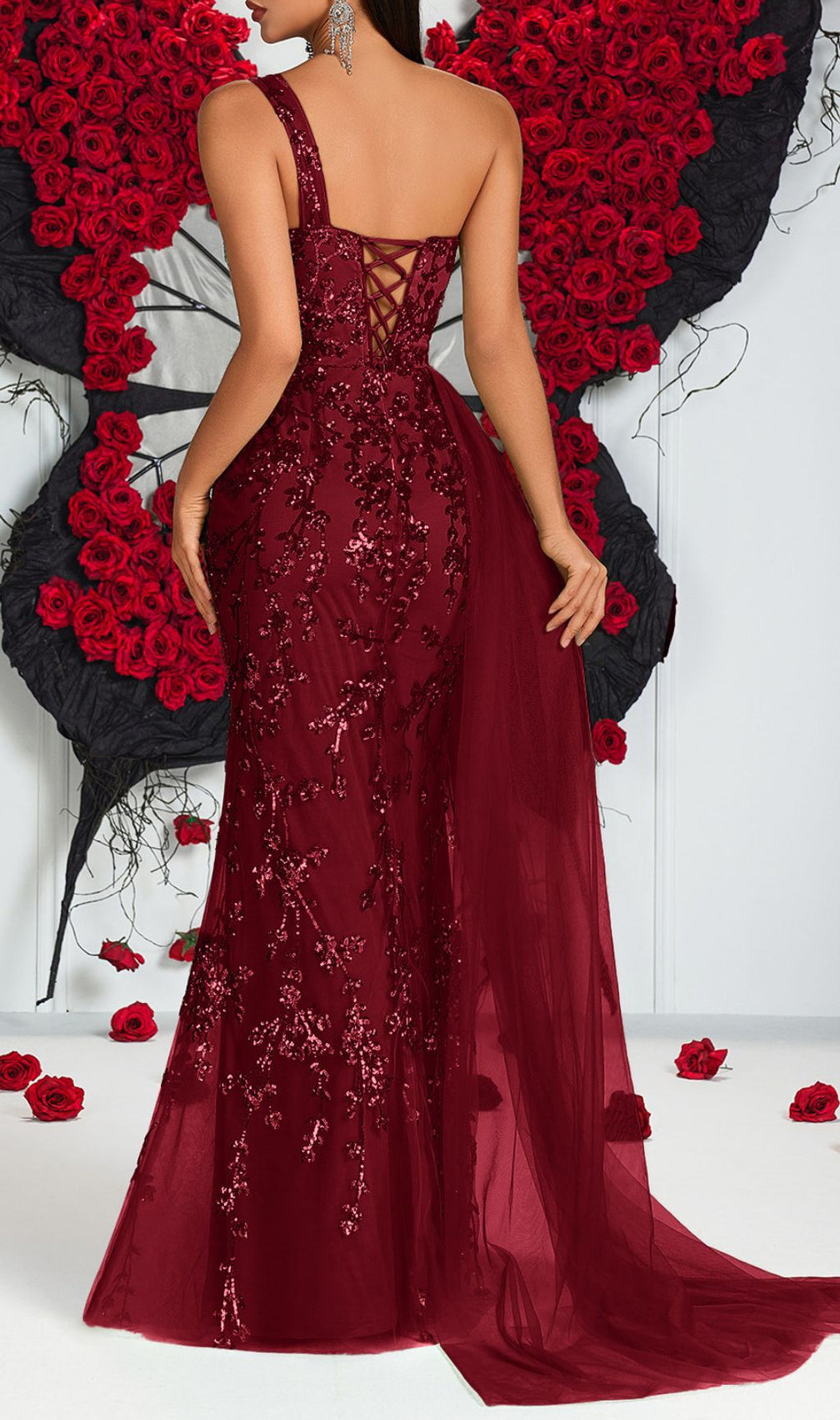 Jenne One-Shoulder Sequin Mesh Maxi Dress