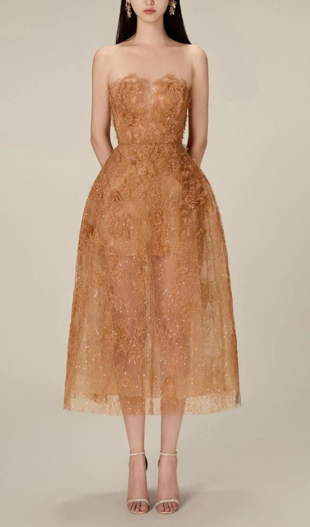 Allyson Caramel Floral Lace Embroider Midi Dress