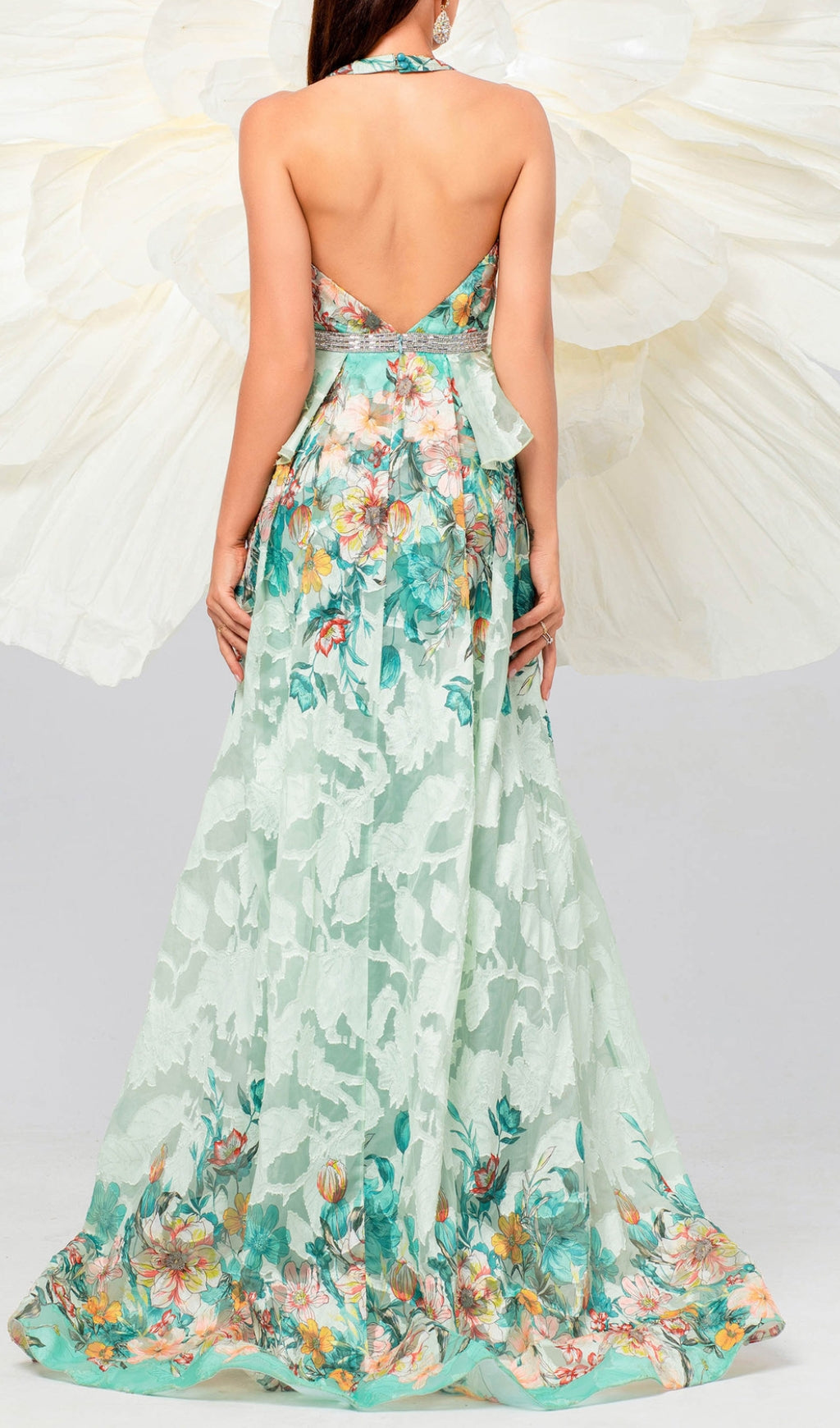 Brona Green Halter Floral Printed Maxi Dress