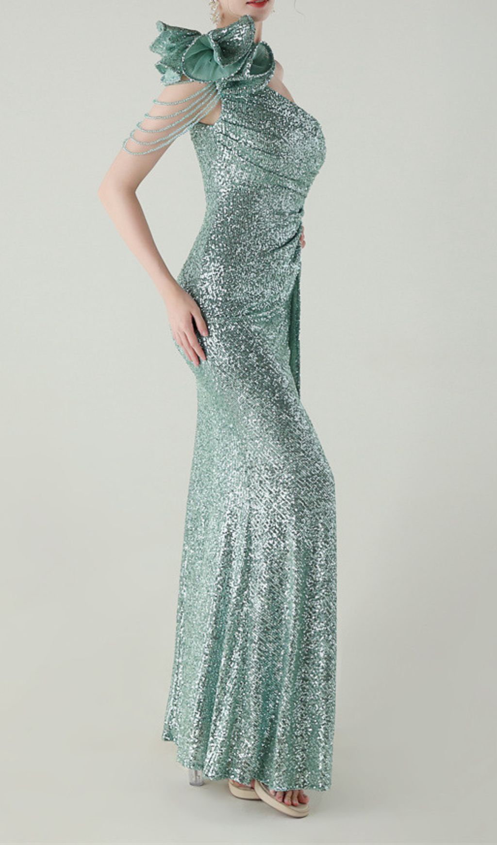 Ikia Emerald Sparkle One-Shoulder Sequin Maxi Dress with High Slit