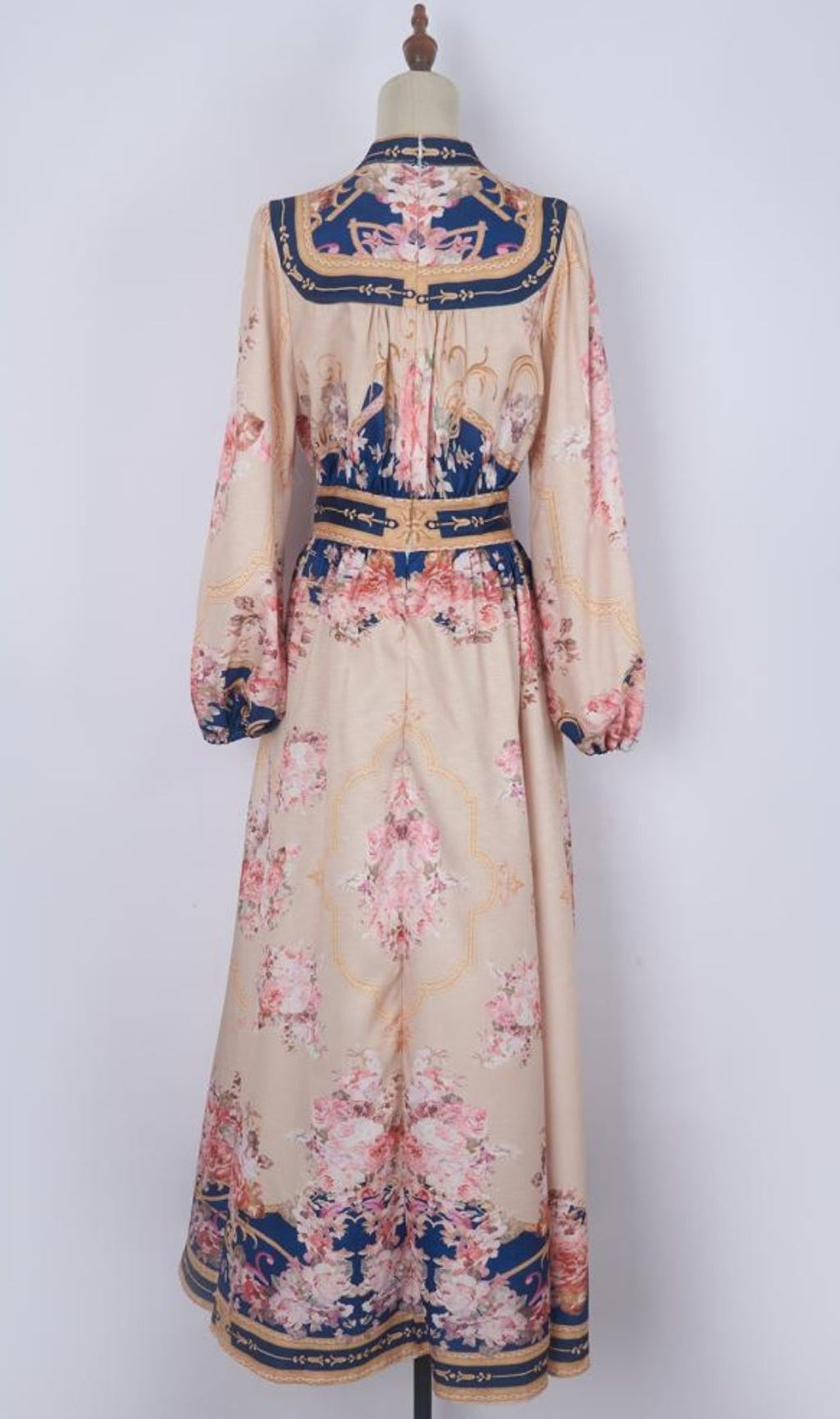 Kamillia Elegant Navy & Blush Floral Belted Long Sleeve Maxi Dress