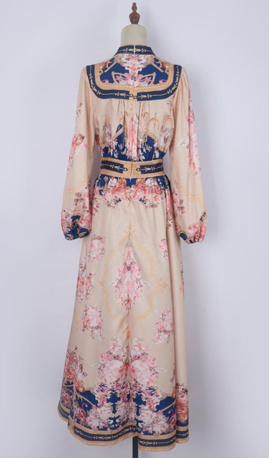 Kamillia Elegant Navy & Blush Floral Belted Long Sleeve Maxi Dress