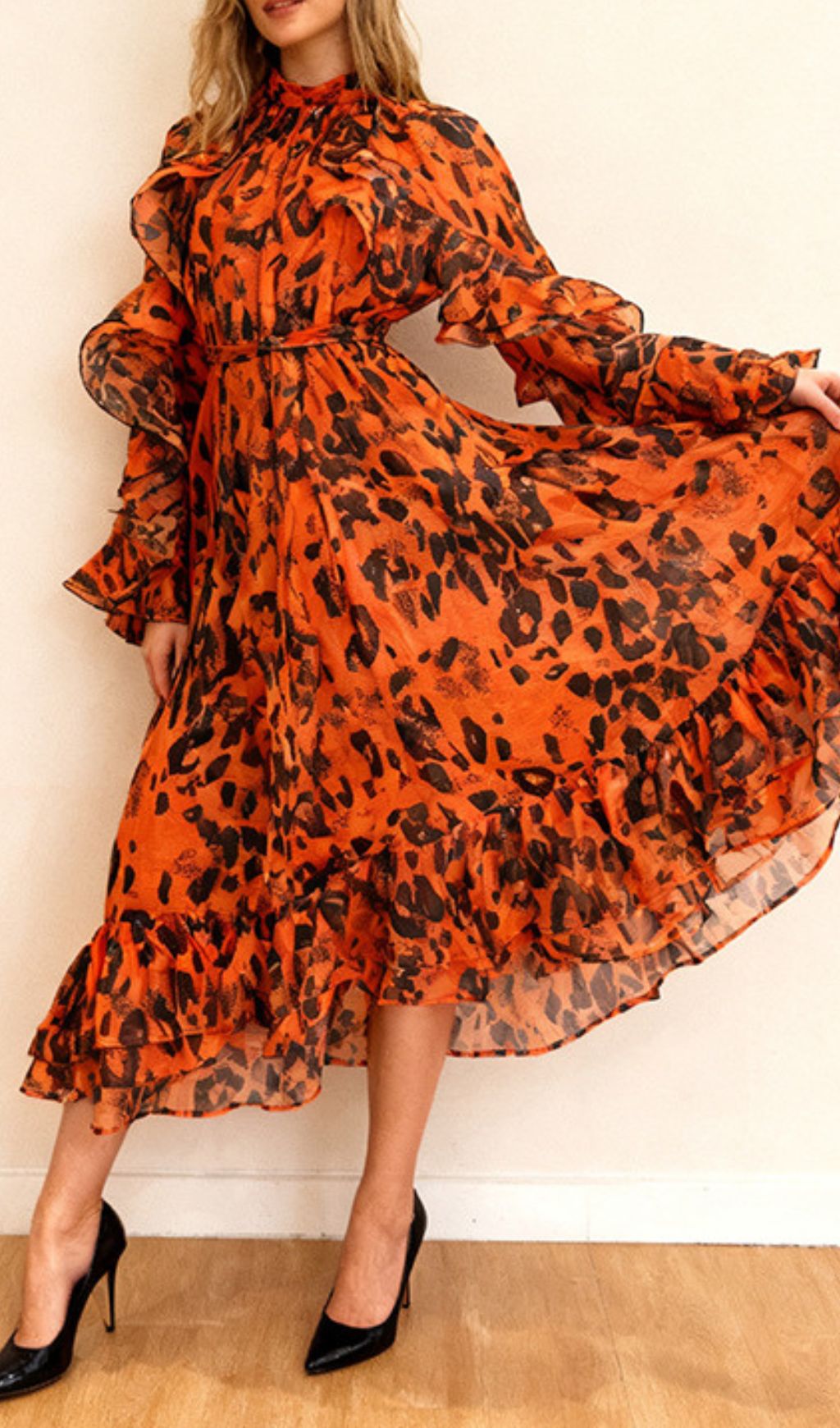 Chic Orange Leopard Ruffle Midi Dress | Long Sleeve Statement Style