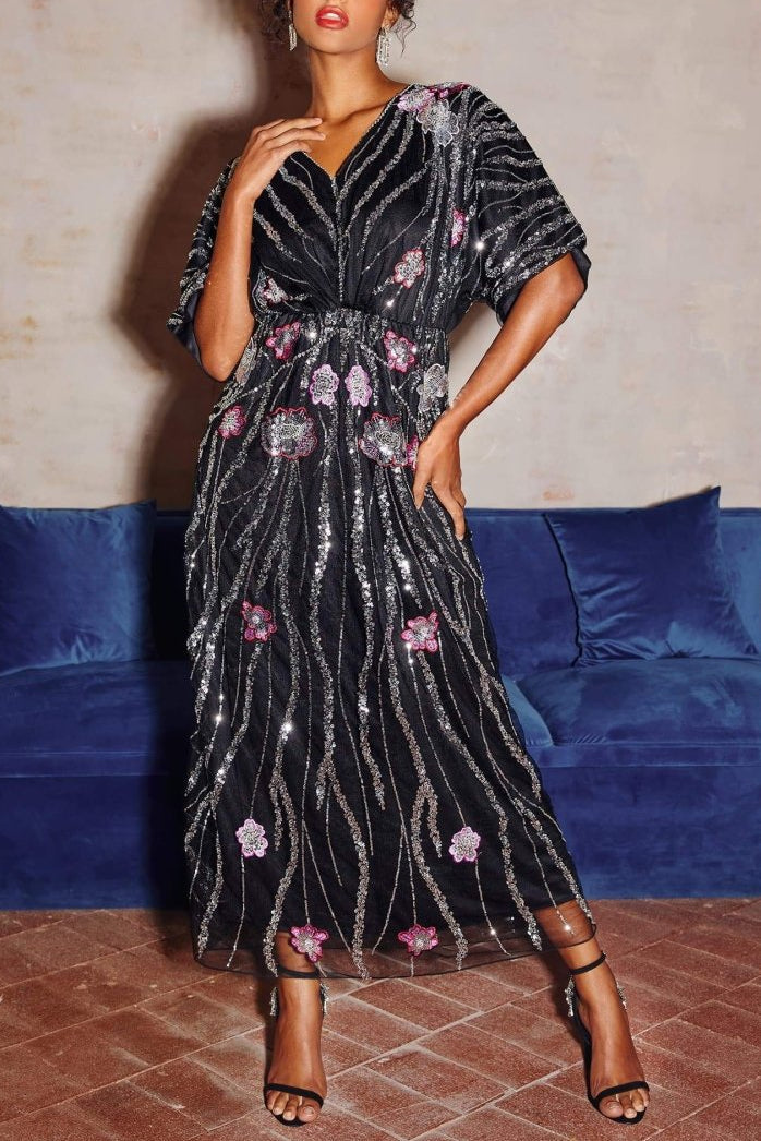 Doreen Black Floral Sequin Maxi Dress - Elegant Evening & Gala Gown