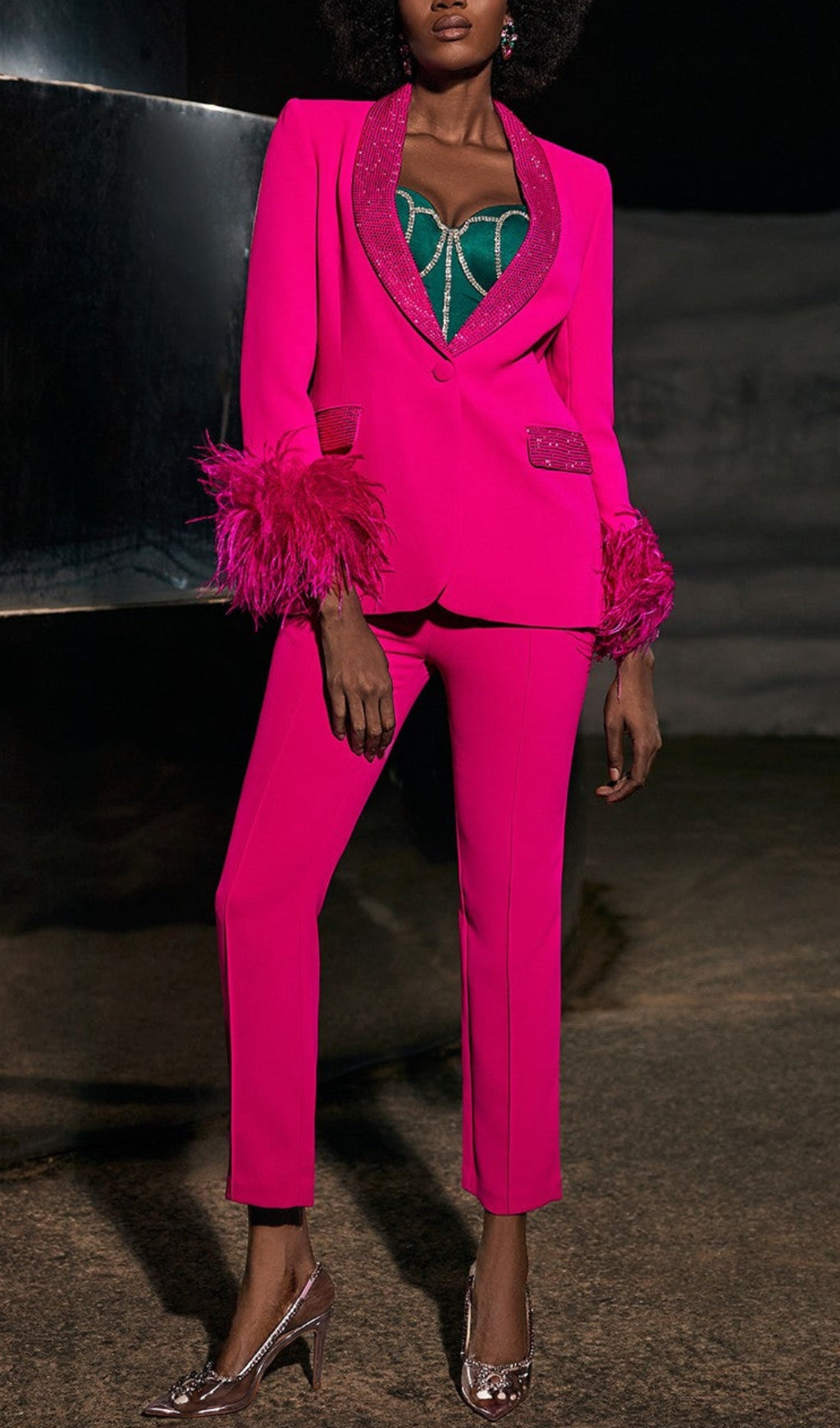 Rhinestone Feather Blazer In Pink