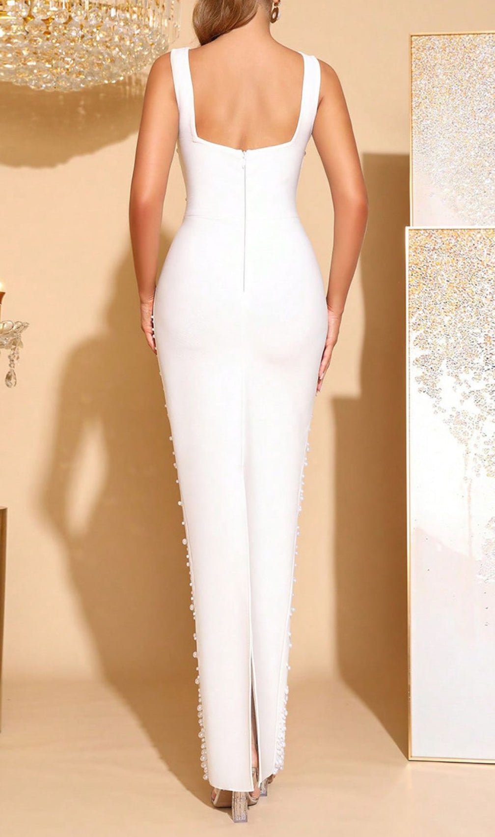 Habiba White Pearl & Floral Beaded Bandage Maxi Gown