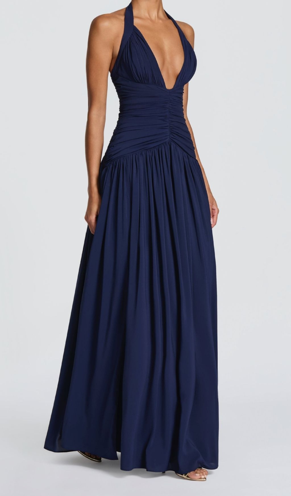 Kelley Navy Halter Ruched Maxi Dress with High Slit | Elegant Formal Gown