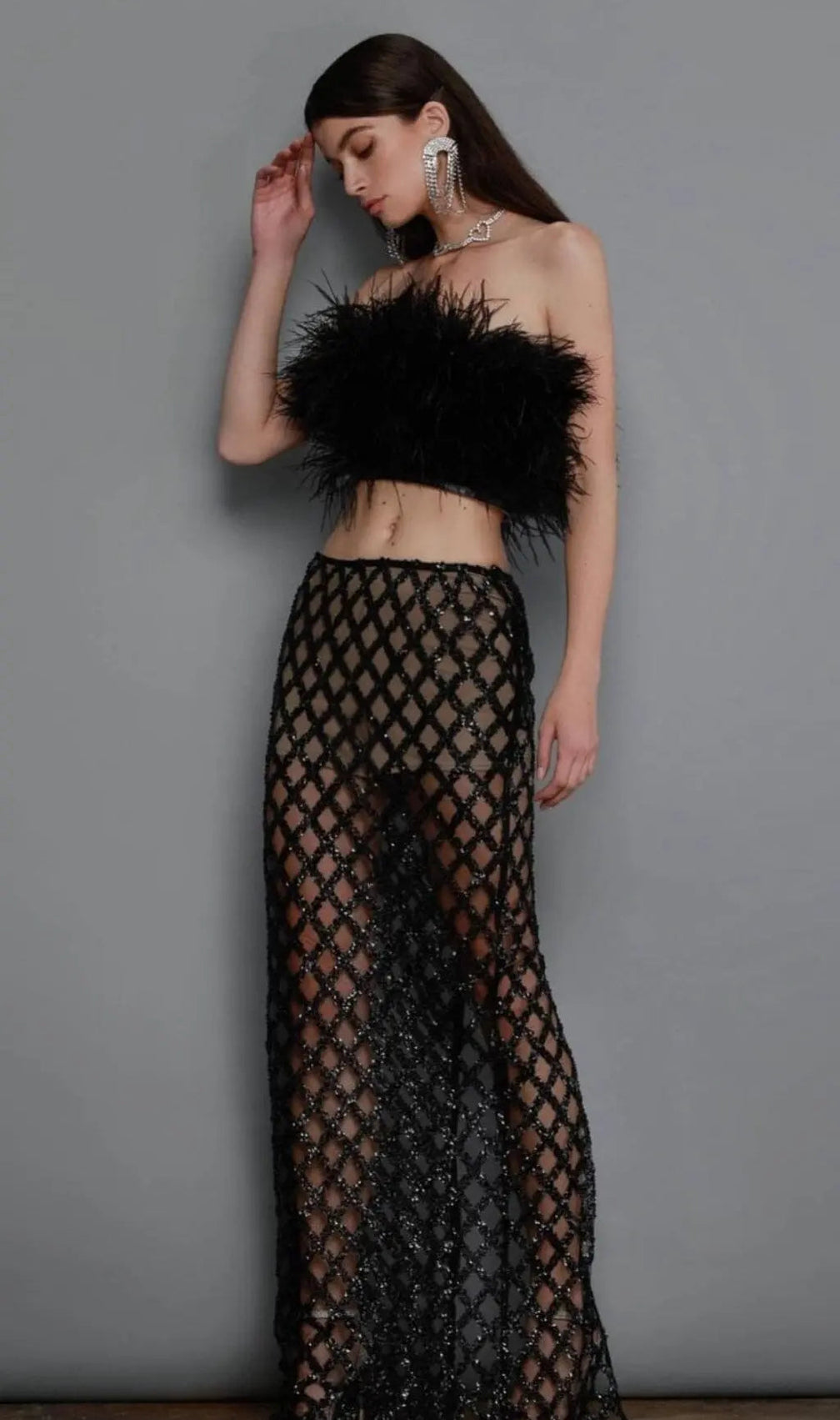 Feather Sequin Two Piece Set In Black