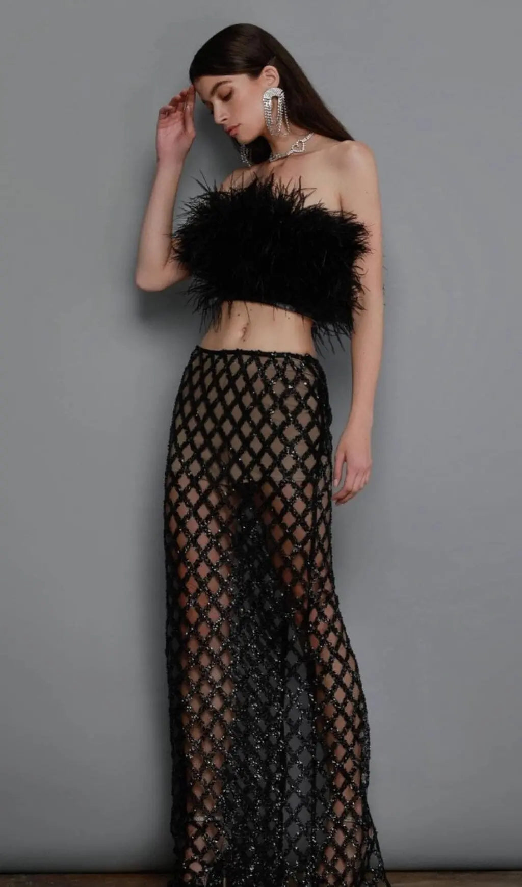 Feather Sequin Two Piece Set In Black