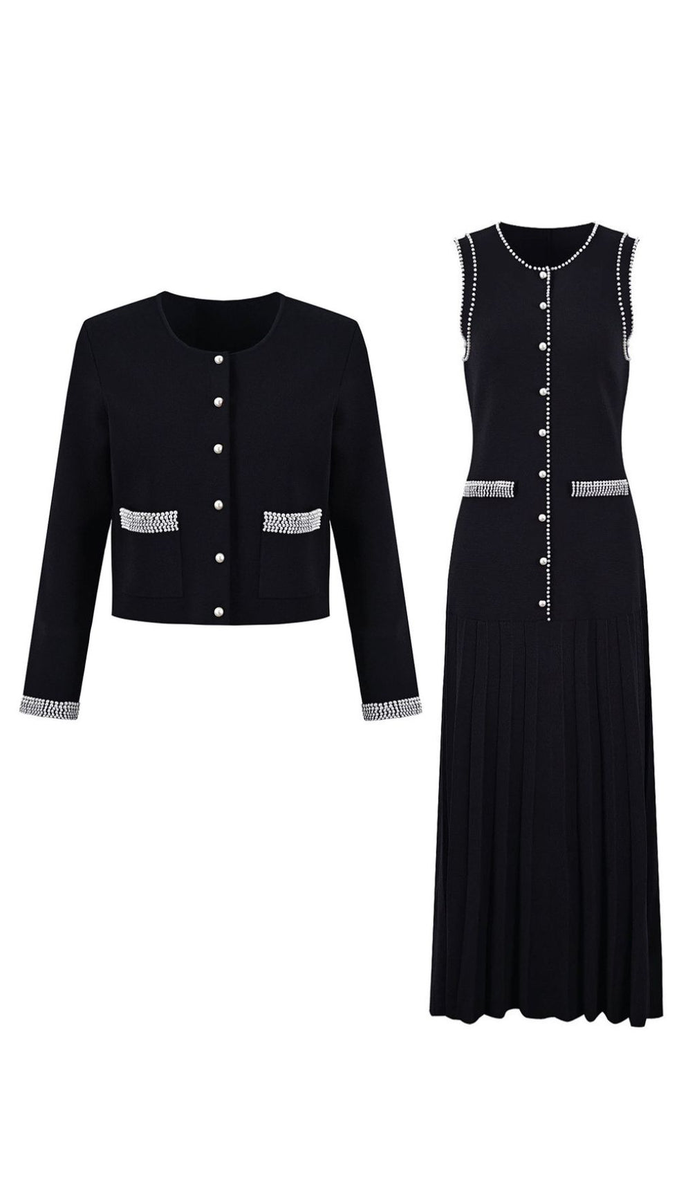 Fatin Black Knit Beaded Cardigan & Midi Dress