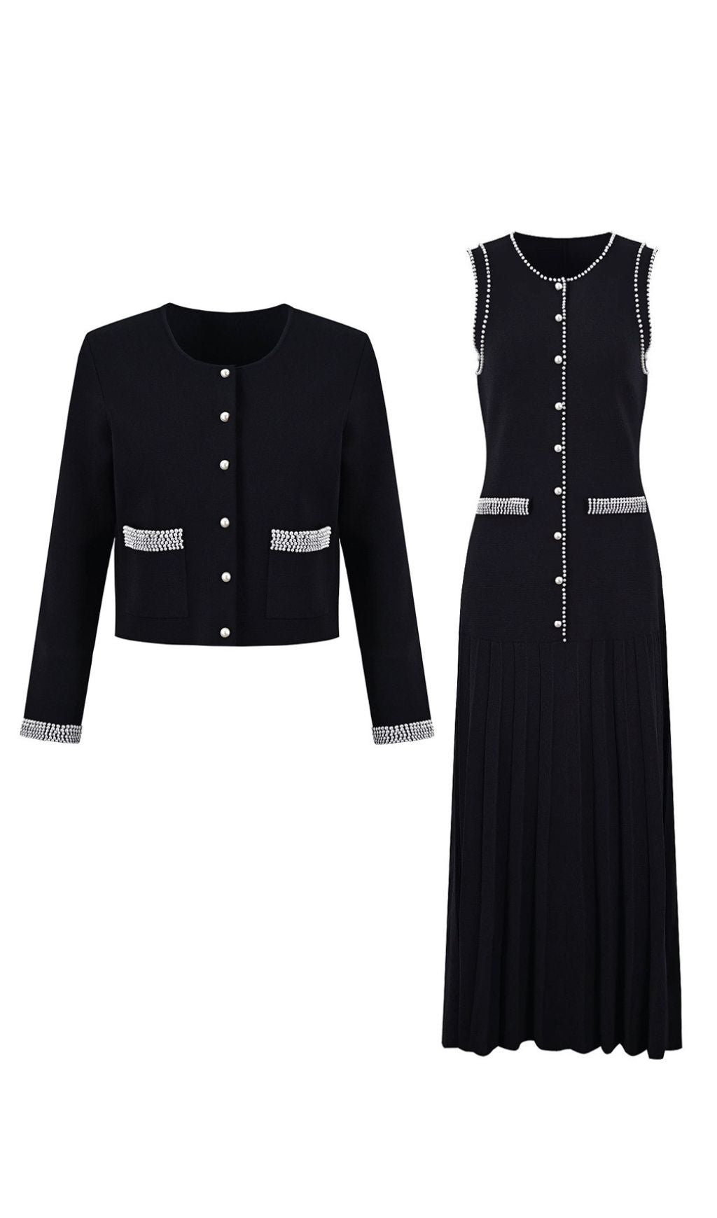 Fatin Black Knit Beaded Cardigan & Midi Dress