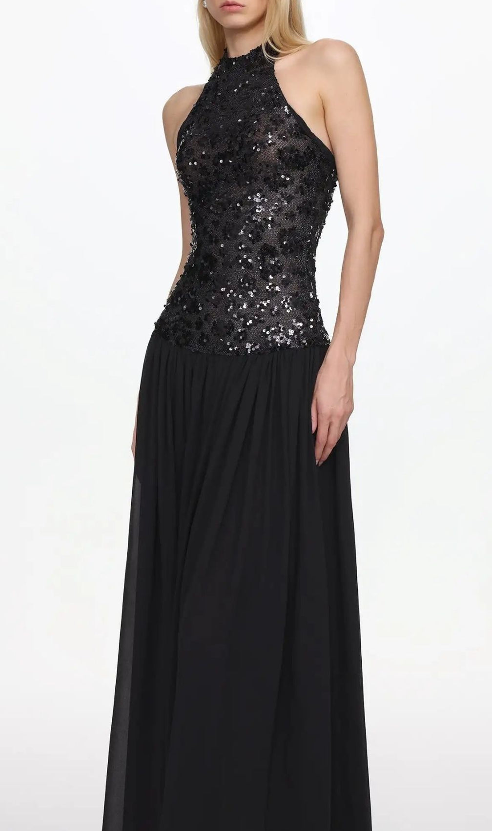 Encho Halter Ruched Mesh Sequin Maxi Dress