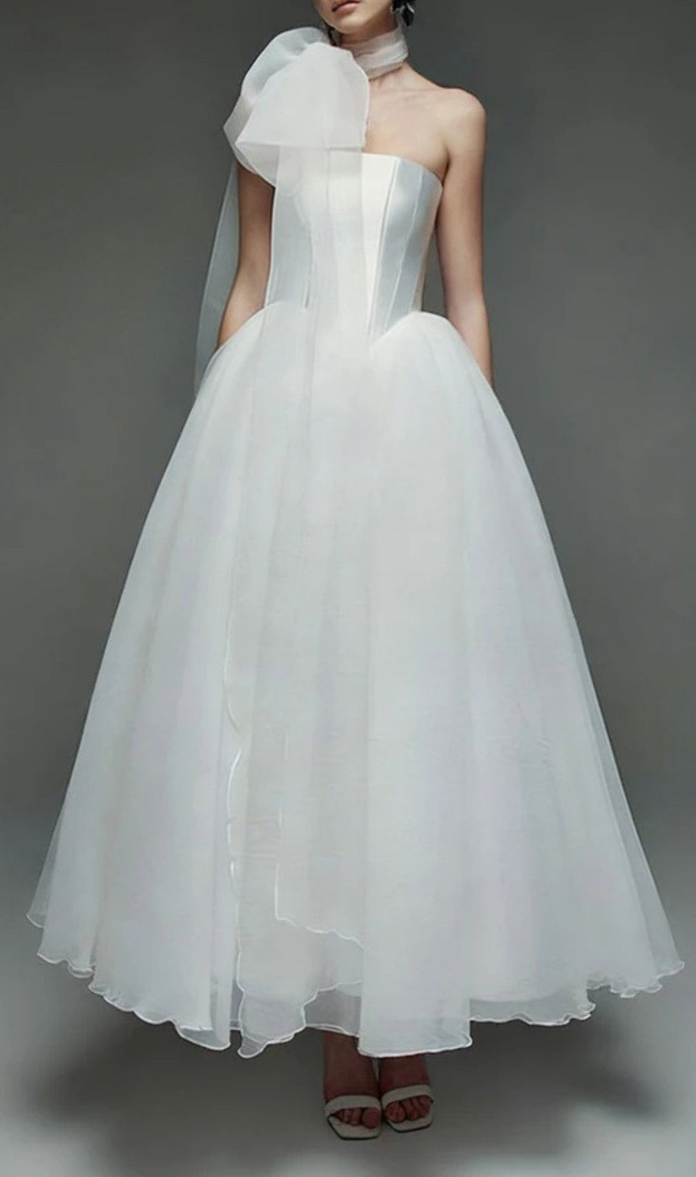 Keena Ethereal White Strapless Corset Wedding Dress with Sculptural Bow