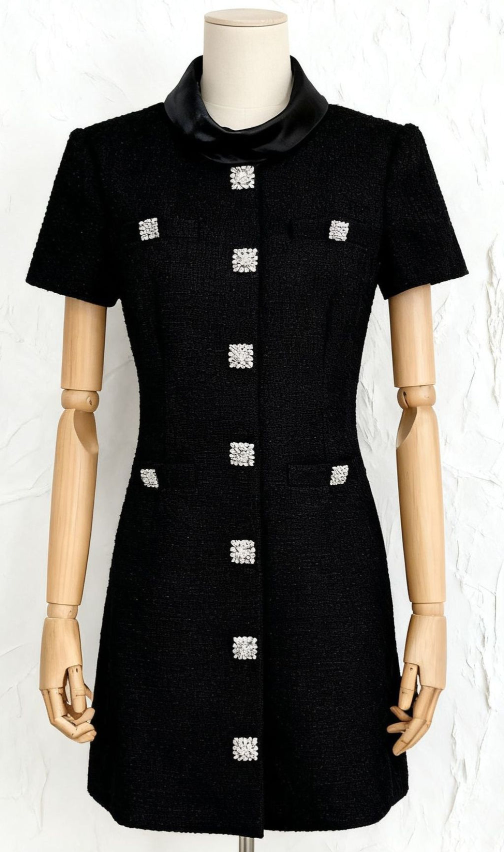 Ildri Black Tweed Mini Dress | Embellished Button-Front | Chic & Versatile