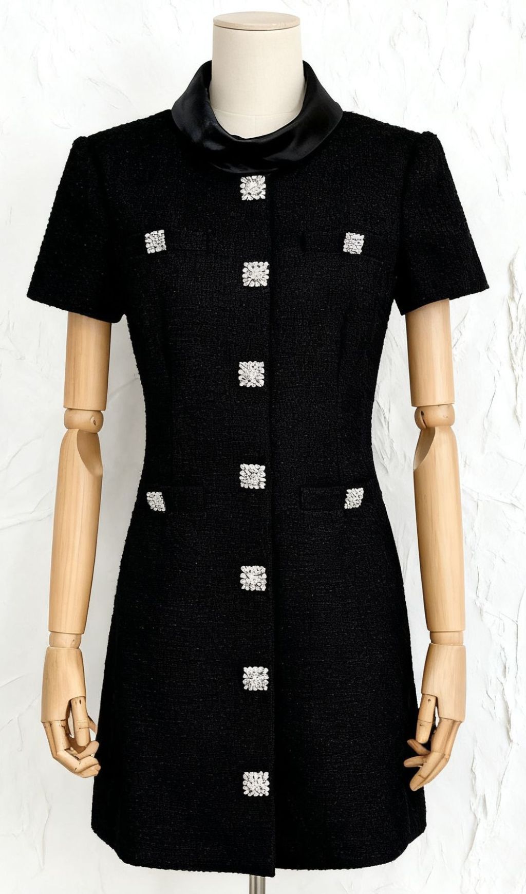 Ildri Black Tweed Mini Dress | Embellished Button-Front | Chic & Versatile