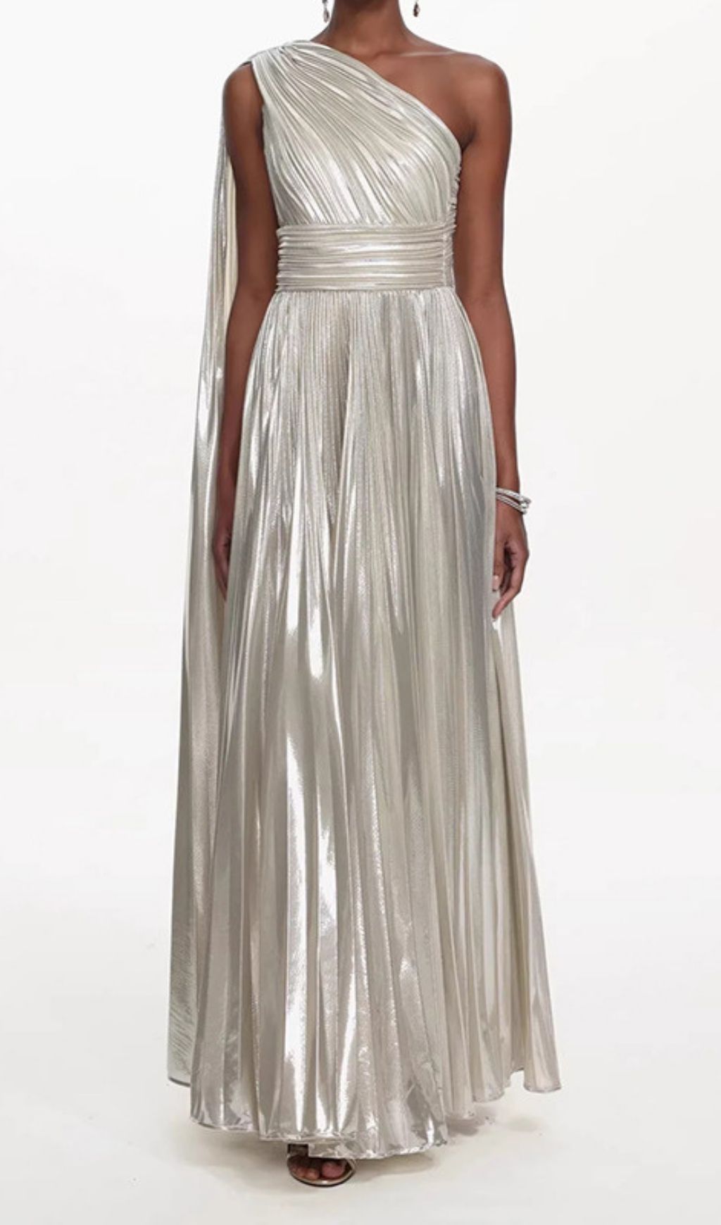 Solace London Karter Metallic Pleated One-Shoulder Maxi Gown