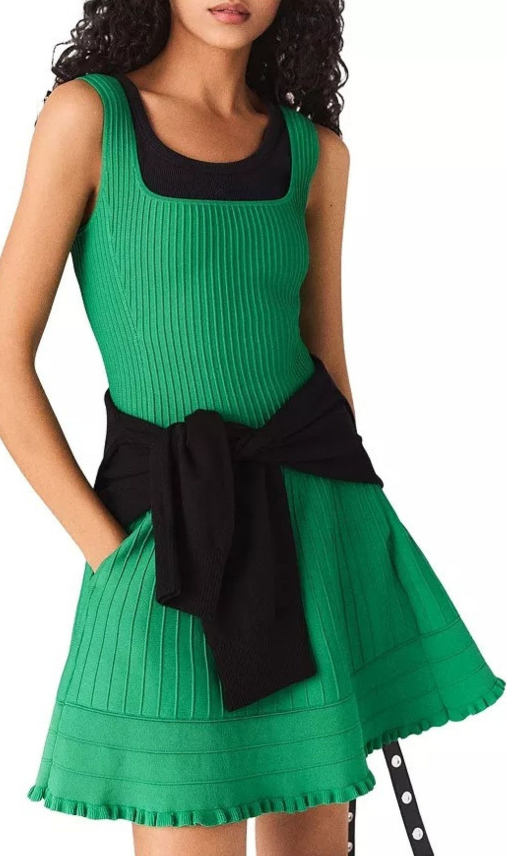 Emerald Green Ribbed Knit Mini Dress | Square Neck & Pockets